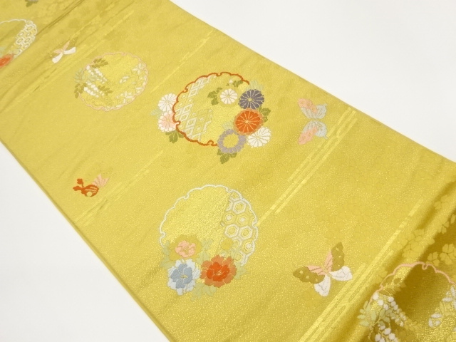 雪輪に花々・蝶模様織出し袋帯